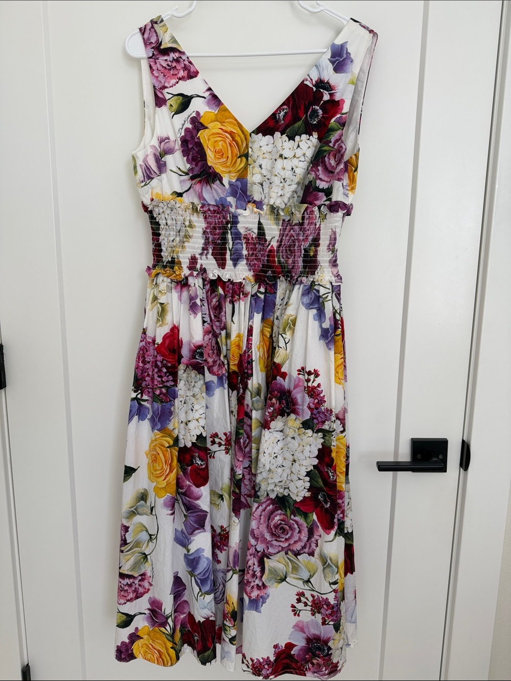 Dolce & Gabbana White Floral Midi Dress with Red, Yellow, Purple Accents
